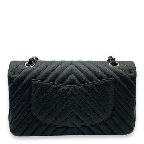 Chevron Classic Double Flap Medium Black Shoulder Bag in Caviar, Gold hardware