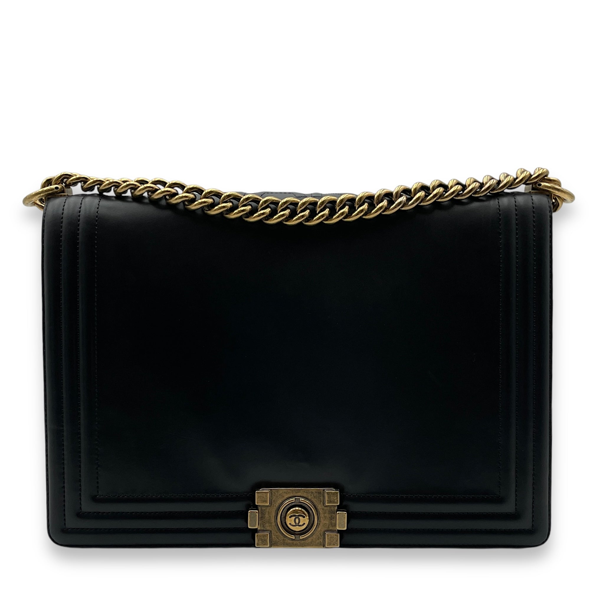 Boy Large Black Shoulder Bag in Calfskin, Gold hardware