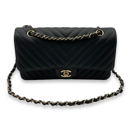 Chevron Classic Double Flap Medium Black Shoulder Bag in Caviar, Gold hardware