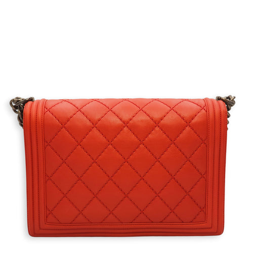 Le Boy Large Red Shoulder Bag in Calfskin, Ruthenium hardware