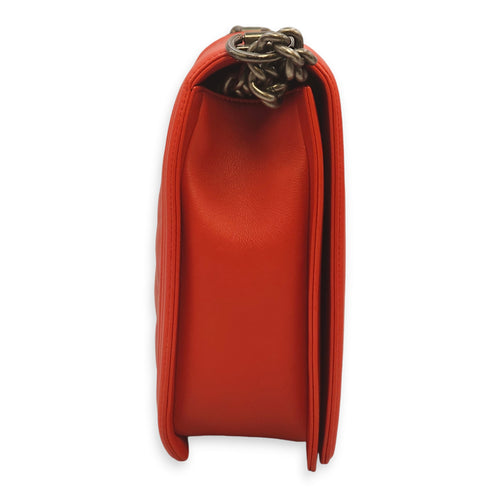 Le Boy Large Red Shoulder Bag in Calfskin, Ruthenium hardware