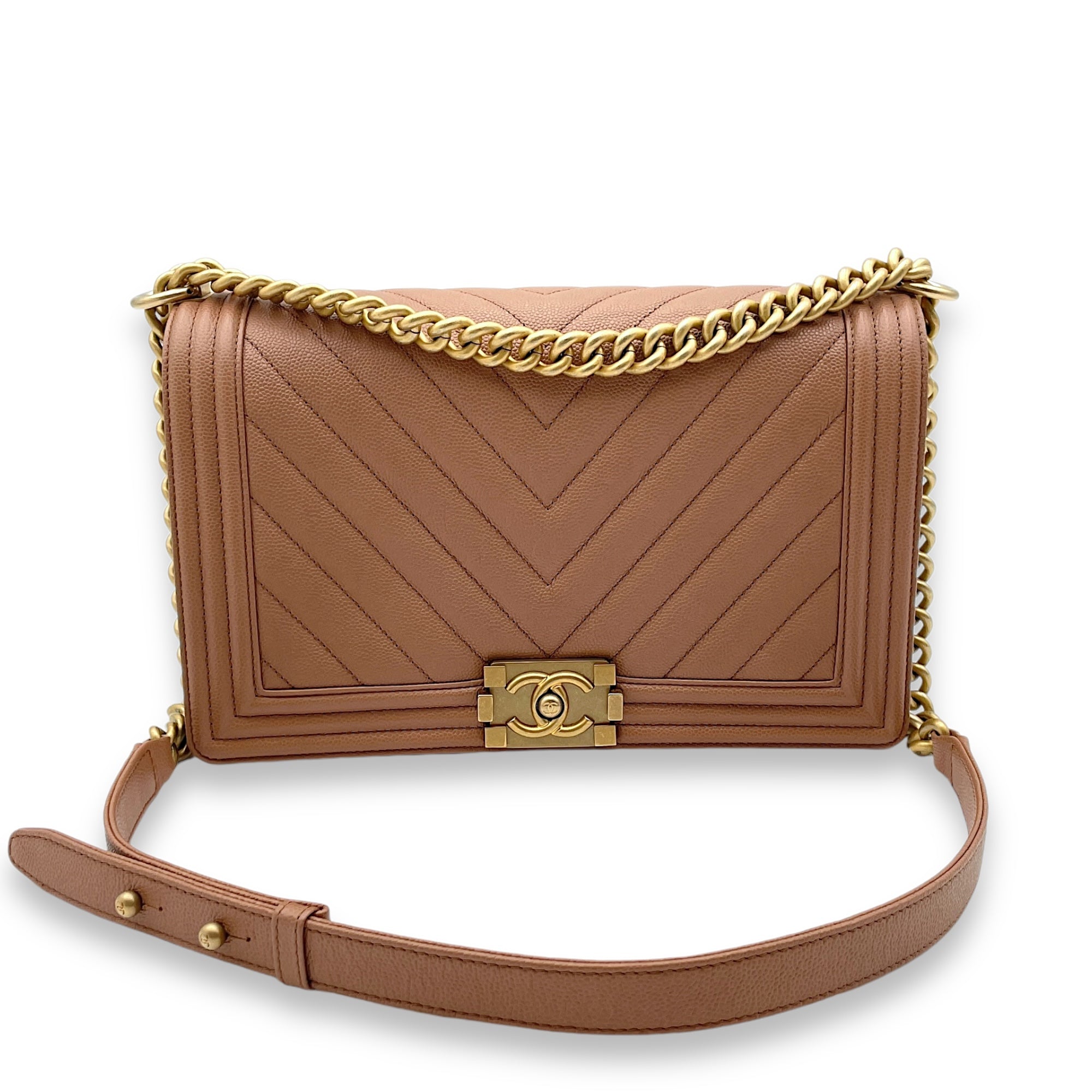 Chevron Le Boy Medium Brown Shoulder Bag in Caviar Leather, Gold hardware