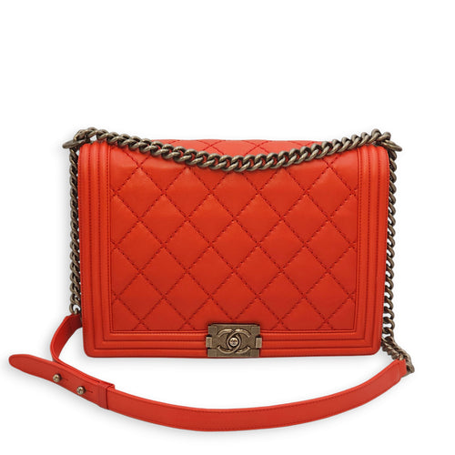 Le Boy Large Red Shoulder Bag in Calfskin, Ruthenium hardware