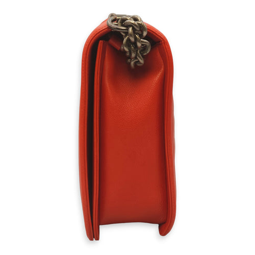 Le Boy Large Red Shoulder Bag in Calfskin, Ruthenium hardware