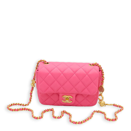 Classic Square Flap with Heart Charm Mini Bubble Gum Pink Crossbody Bag in Lambskin, Gold hardware