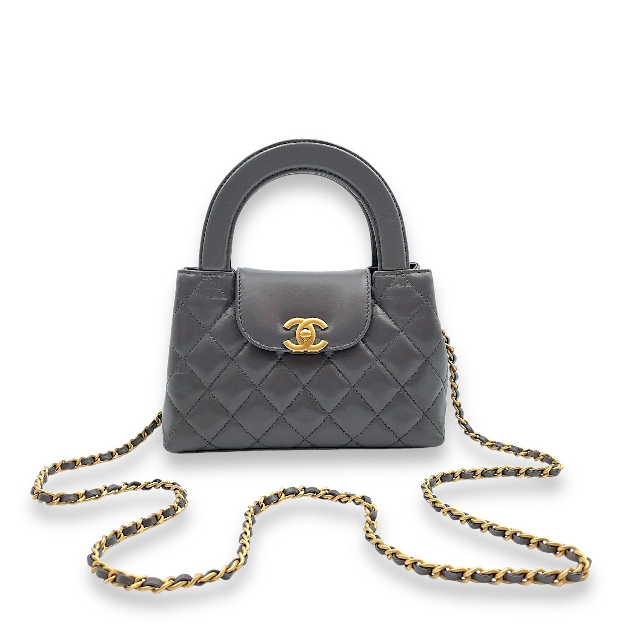 Kelly Mini Grey Top Handle Bag in Calfskin Gold hardware