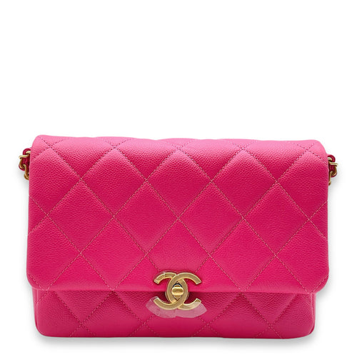 Melody Flap Pink Crossbody Bag in Caviar Leather, Gold hardware