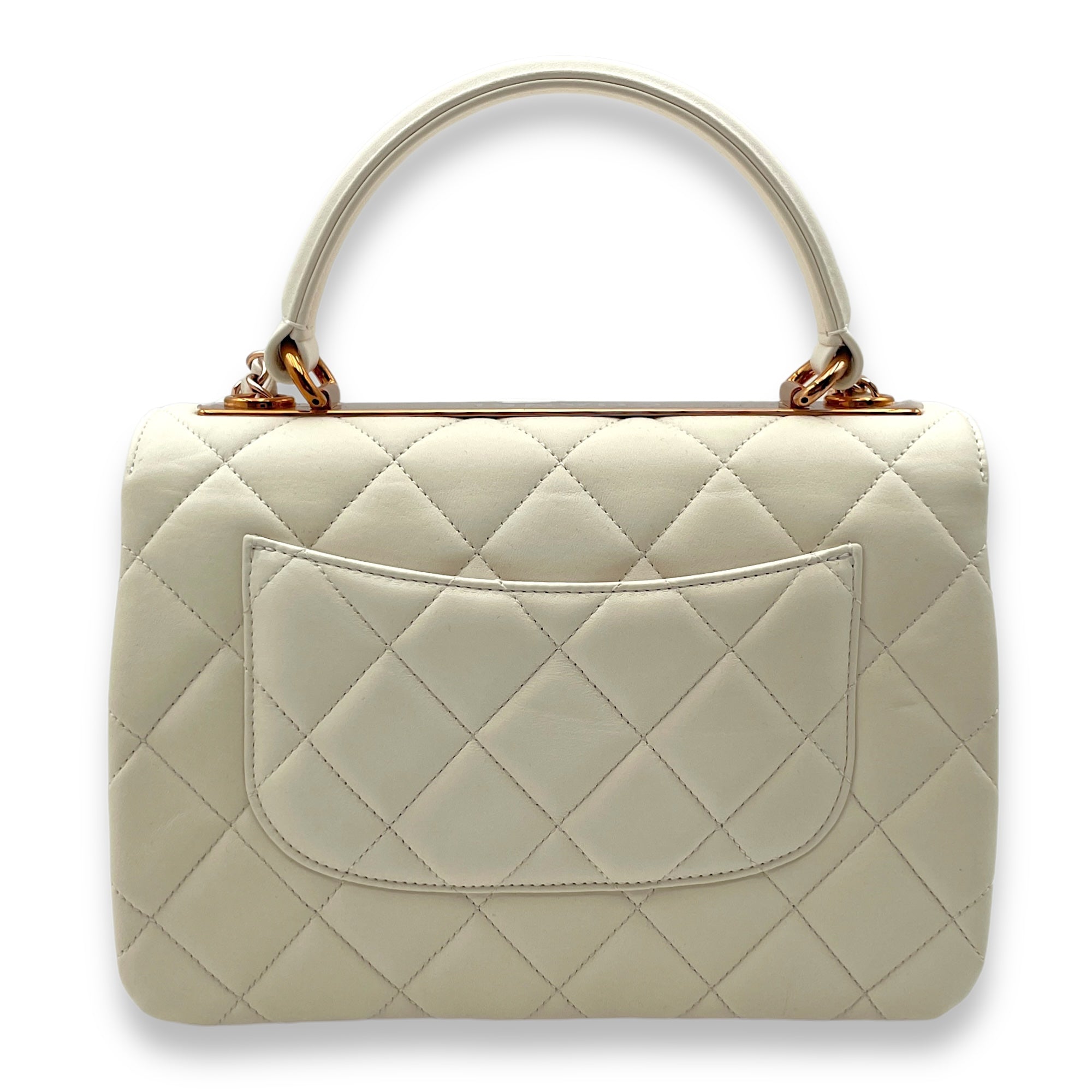 Quilted Trendy CC Small White Top Handle Bag in Lambskin, Rose Gold hardware