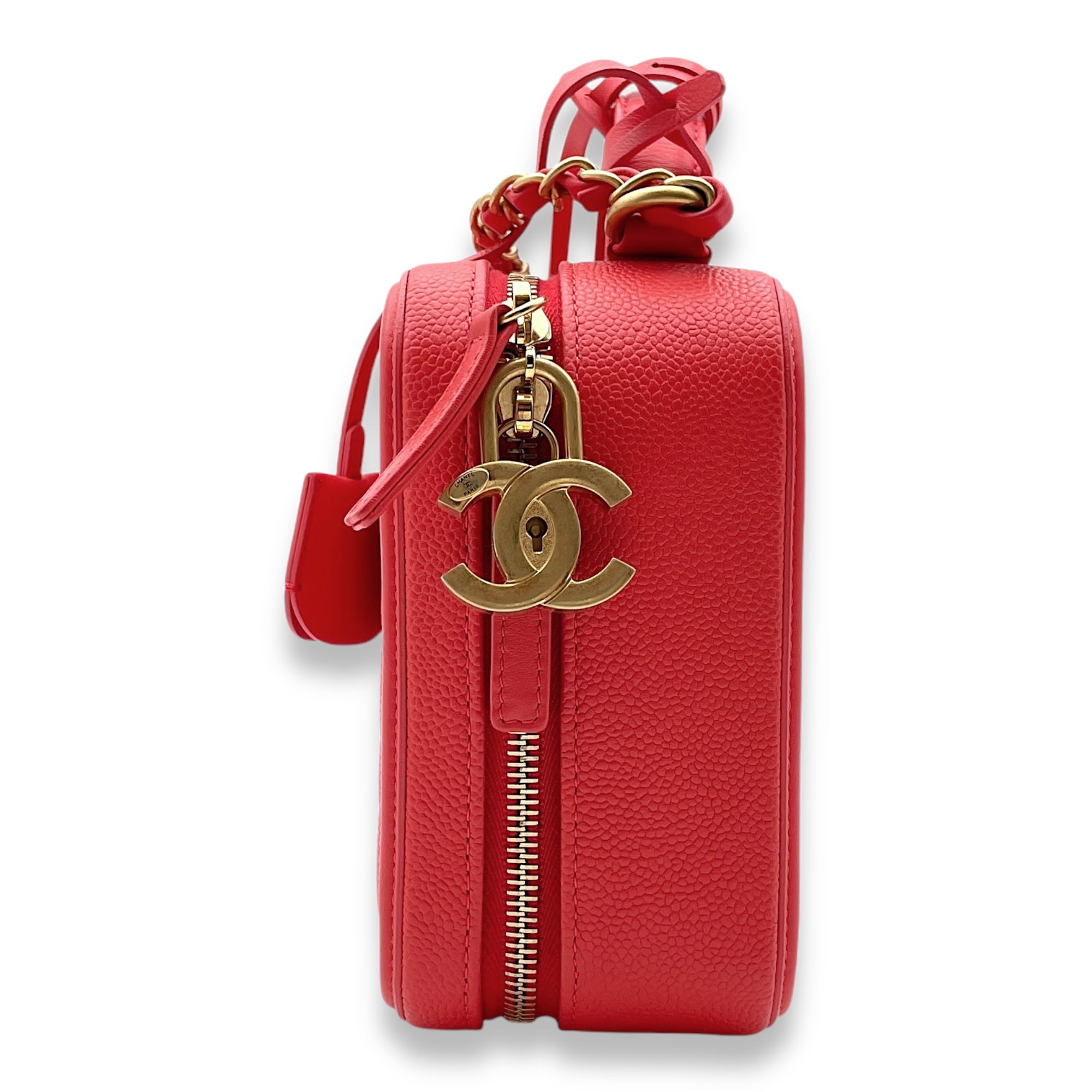 Filigree Vanity Red Top Handle Bag in Caviar Leather, Gold hardware