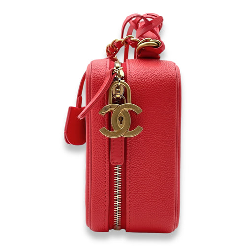 Filigree Vanity Red Top Handle Bag in Caviar Leather, Gold hardware