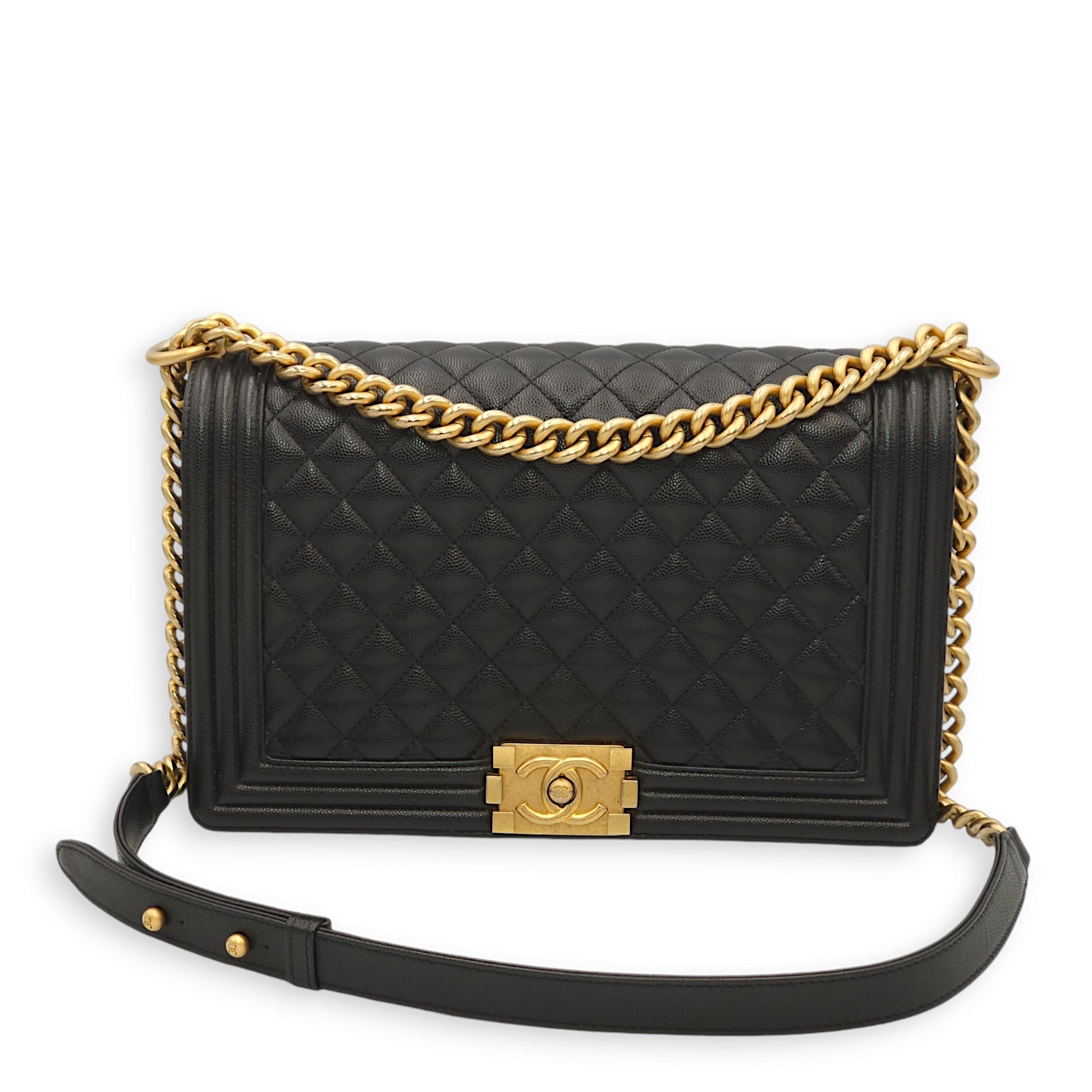 Le Boy Medium Black Shoulder Bag in Caviar Leather, Gold hardware