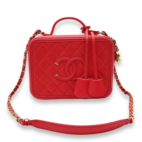 Filigree Vanity Red Top Handle Bag in Caviar Leather, Gold hardware