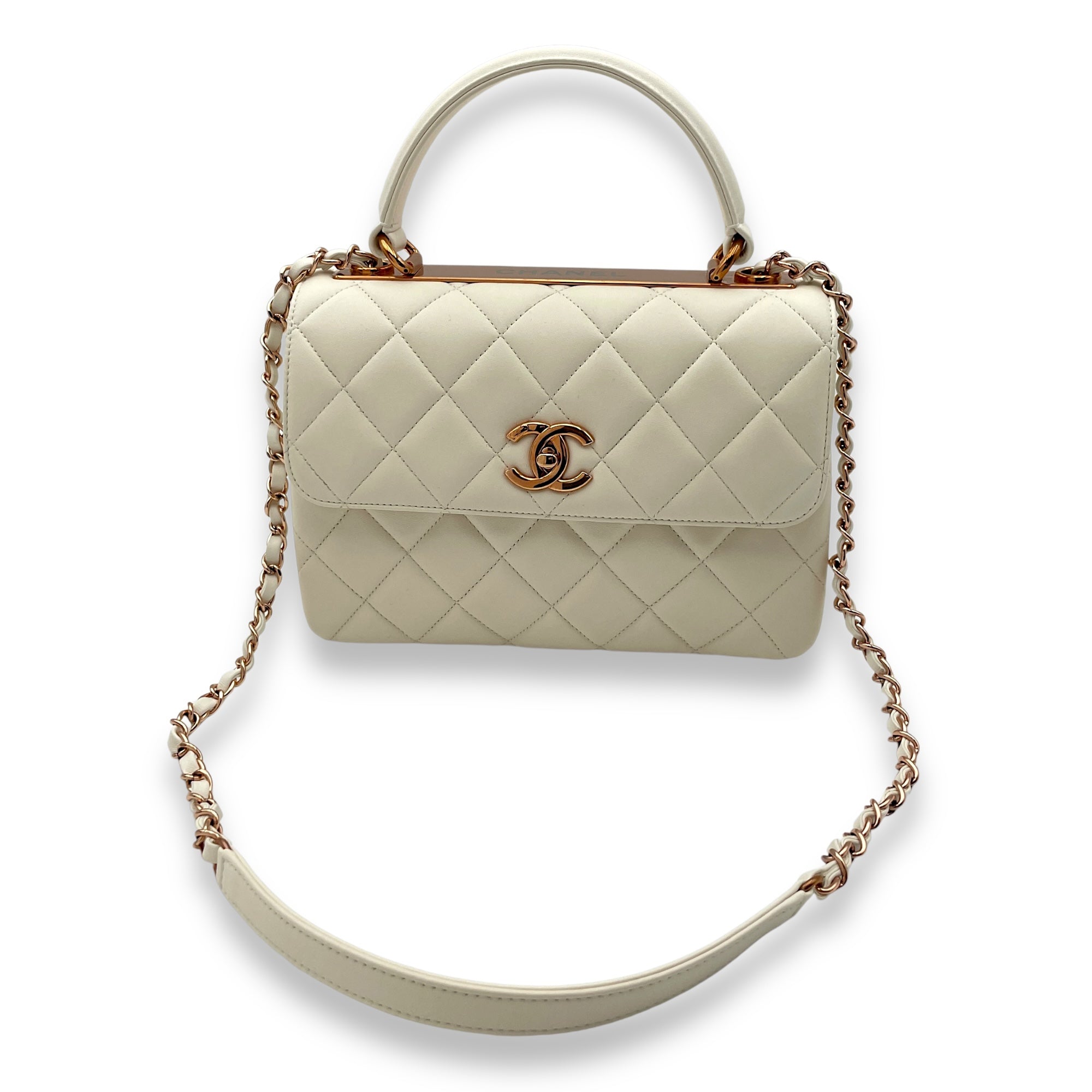 Quilted Trendy CC Small White Top Handle Bag in Lambskin, Rose Gold hardware