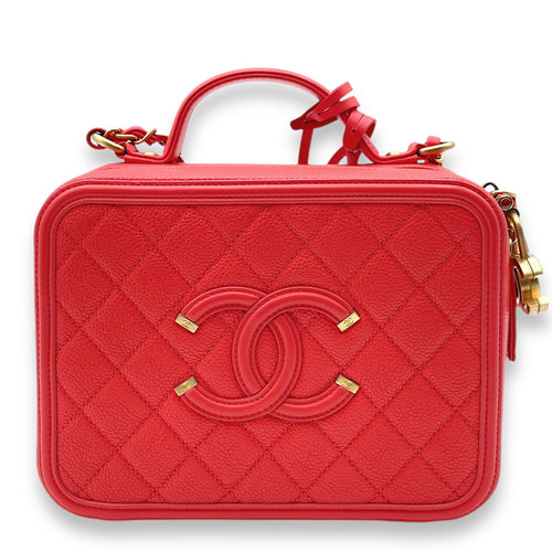 Filigree Vanity Red Top Handle Bag in Caviar Leather, Gold hardware