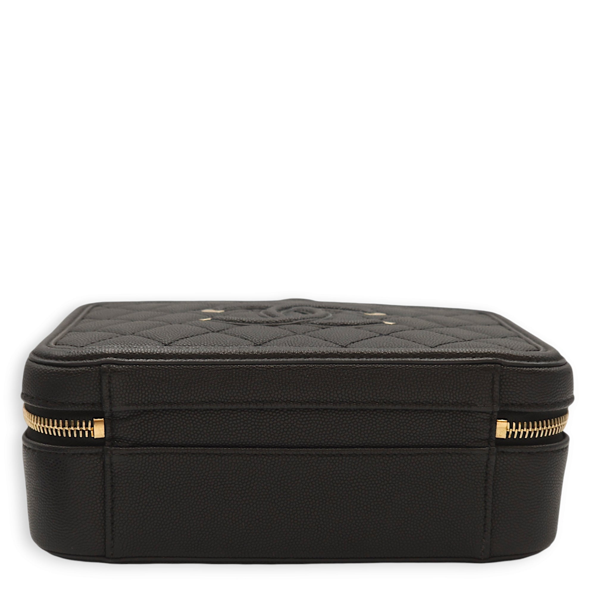 Filigree Vanity Black Top Handle Bag in Caviar Leather, Gold hardware