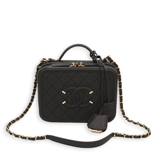 Filigree Vanity Black Top Handle Bag in Caviar Leather, Gold hardware