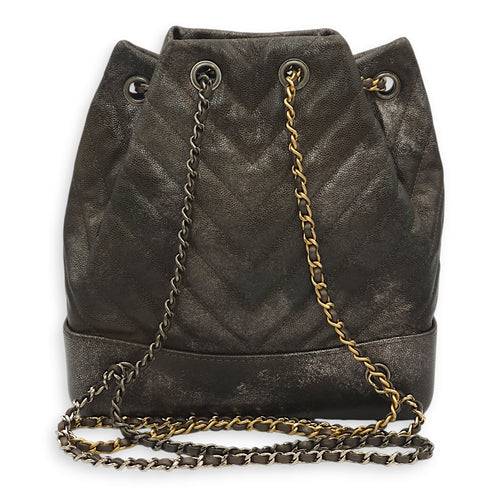 Chevron Gabrielle Dark Grey Backpack in Caviar, Gold/Ruthenium/Silver hardware