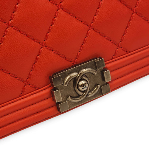 Le Boy Large Red Shoulder Bag in Calfskin, Ruthenium hardware