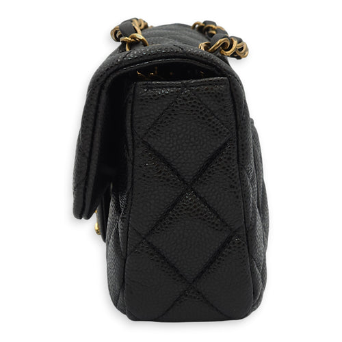 Quilted Seasonal Flap Mini Black Crossbody Bag in Caviar Leather, Gold hardware