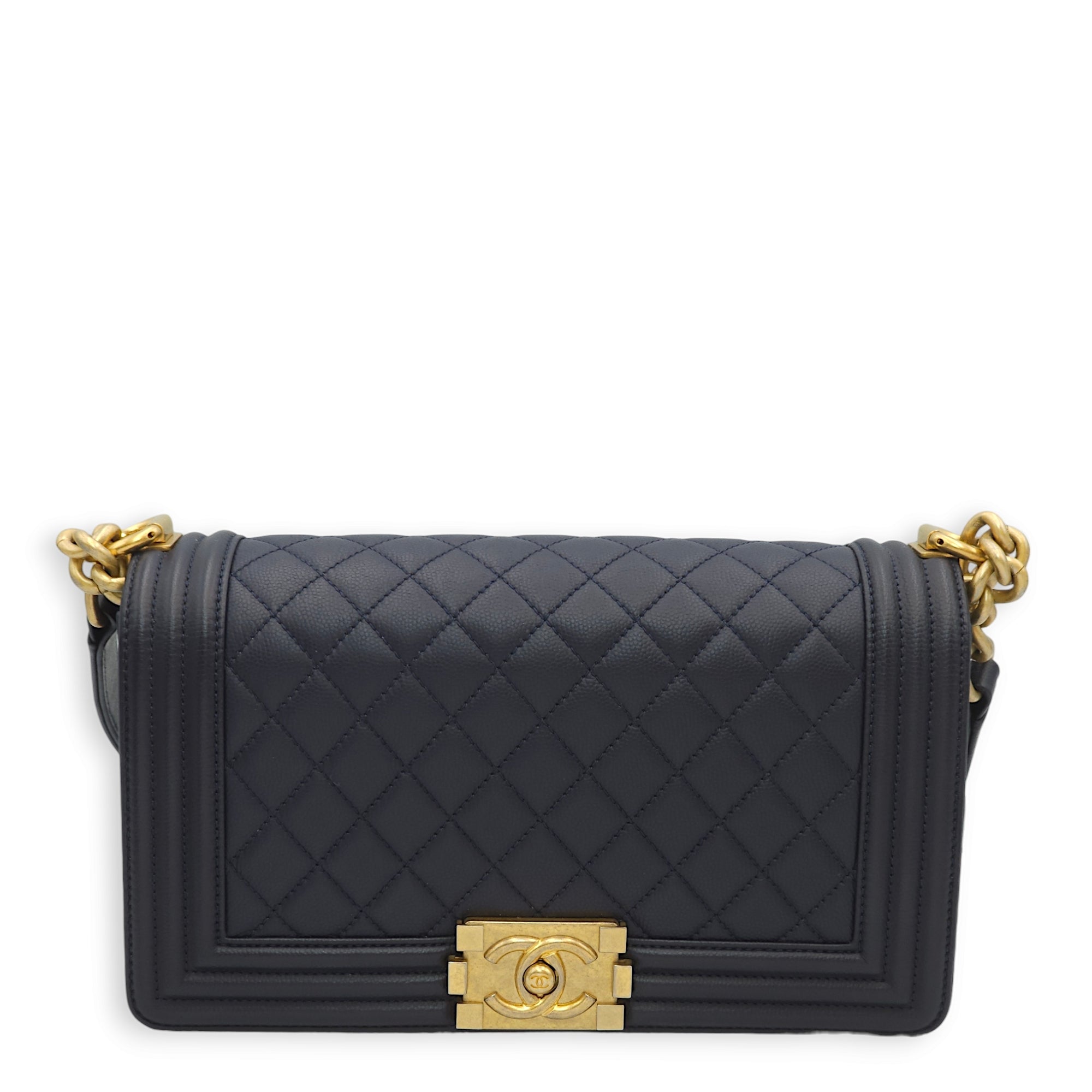 Boy Medium Navy Blue Crossbody Bag in Caviar Leather, Gold hardware