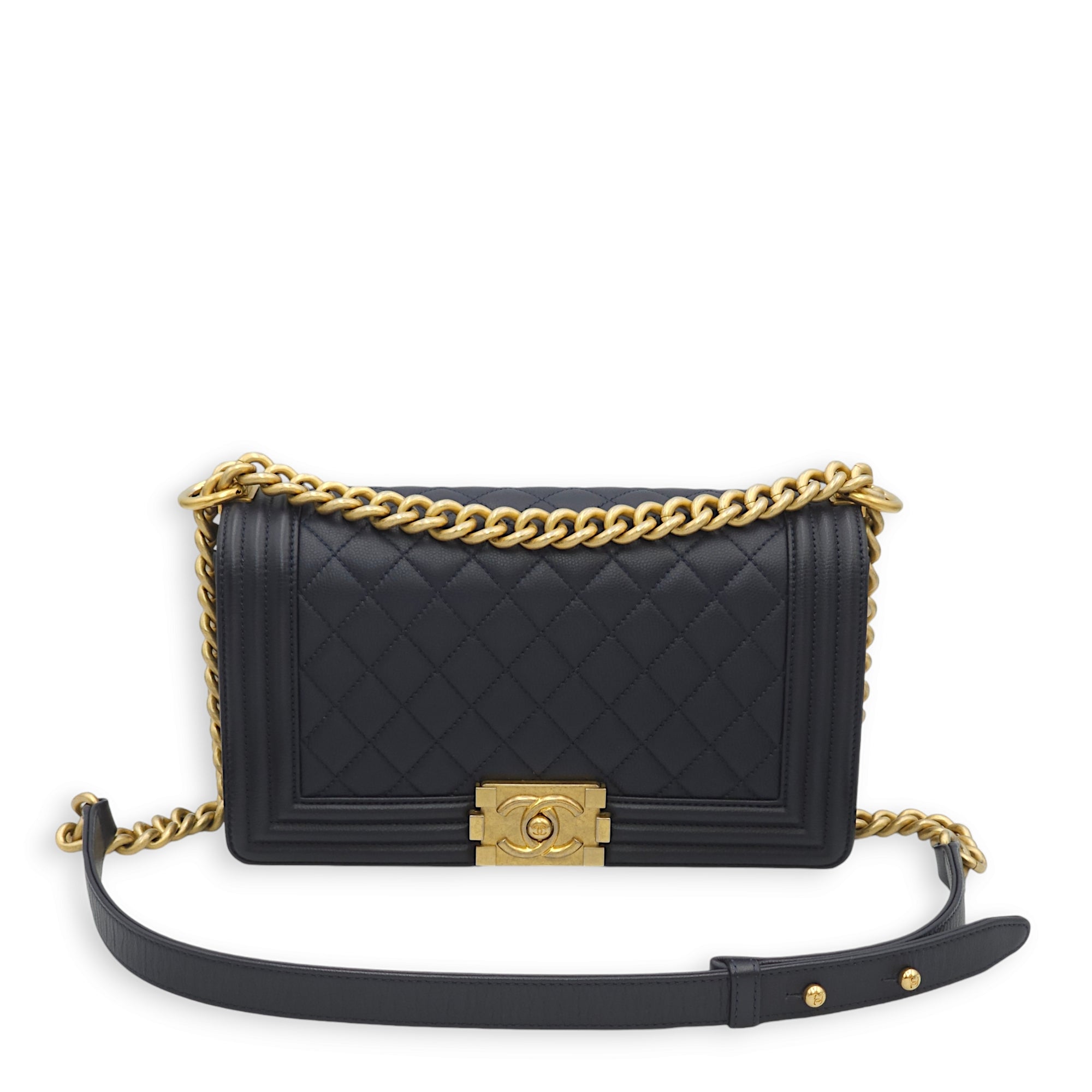 Boy Medium Navy Blue Crossbody Bag in Caviar Leather, Gold hardware