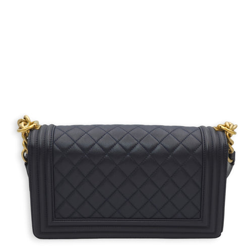 Boy Medium Navy Blue Crossbody Bag in Caviar Leather, Gold hardware