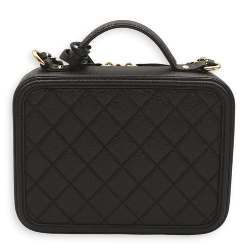 Filigree Vanity Black Top Handle Bag in Caviar Leather, Gold hardware