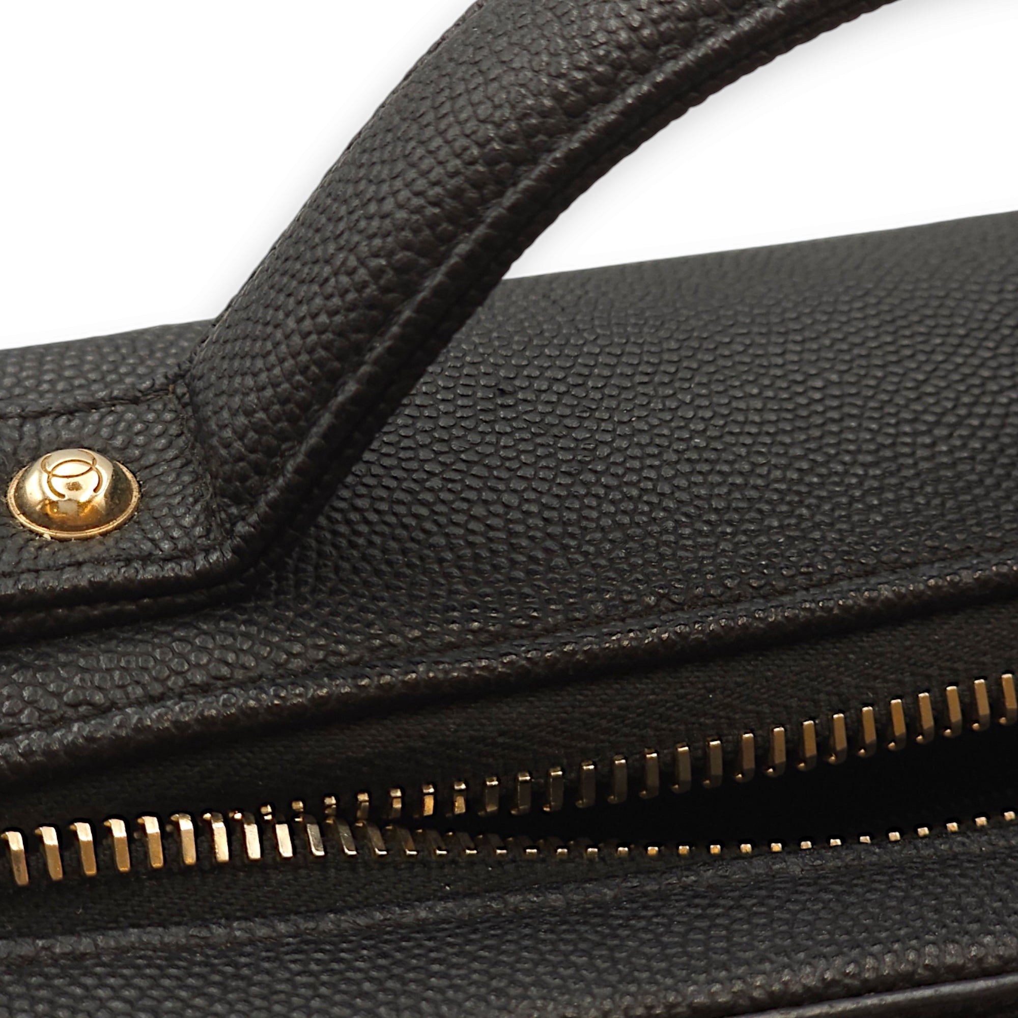 Filigree Vanity Black Top Handle Bag in Caviar Leather, Gold hardware