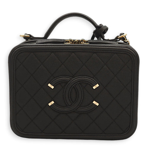 Filigree Vanity Black Top Handle Bag in Caviar Leather, Gold hardware