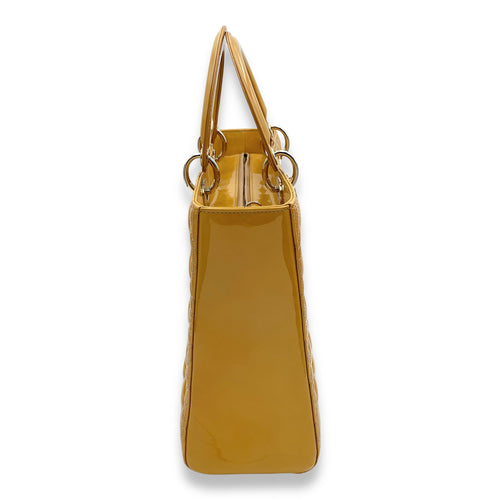 Lady Dior Large Mustard Yellow Top Handle Bag in Patent Leather, Gold hardware