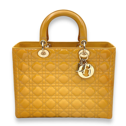 Lady Dior Large Mustard Yellow Top Handle Bag in Patent Leather, Gold hardware