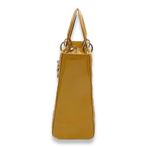 Lady Dior Large Mustard Yellow Top Handle Bag in Patent Leather, Gold hardware