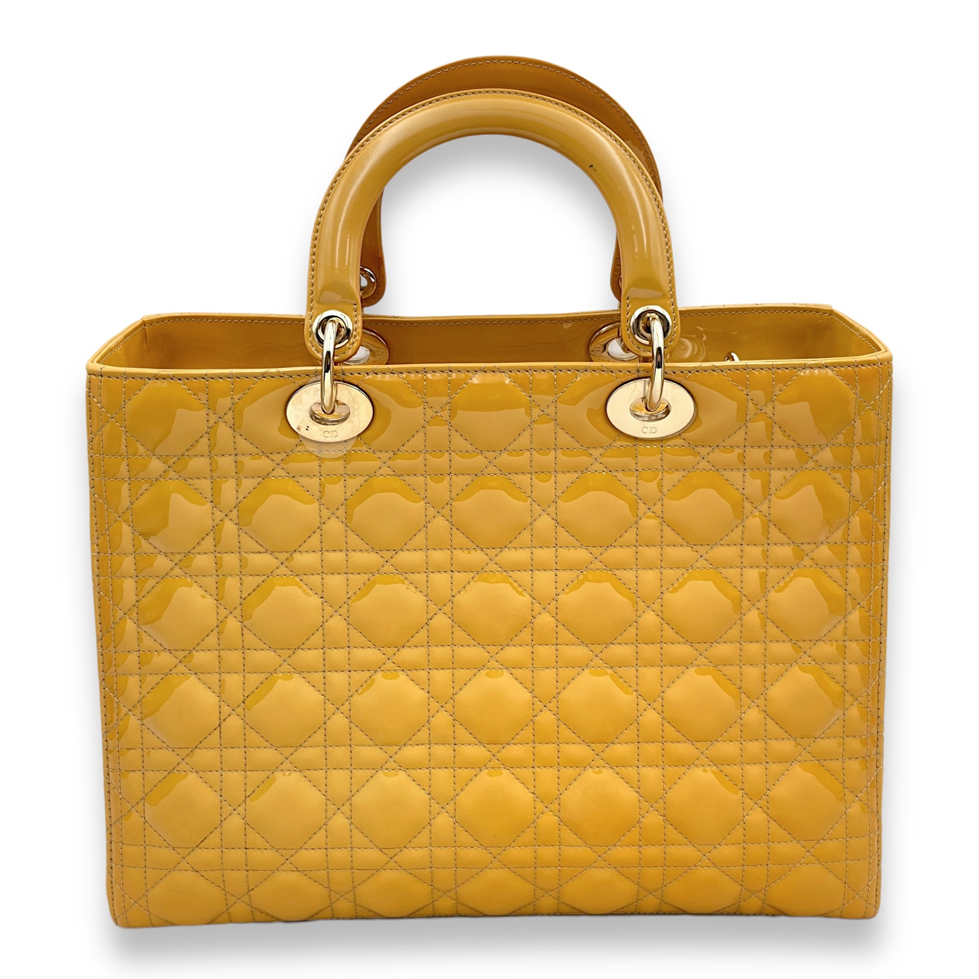 Lady Dior Large Mustard Yellow Top Handle Bag in Patent Leather, Gold hardware