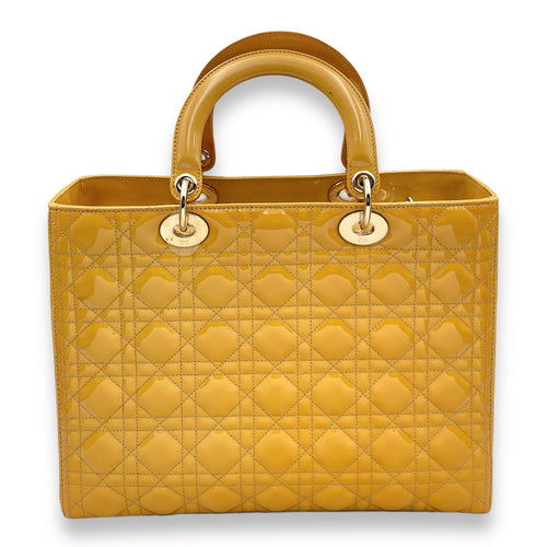 Lady Dior Large Mustard Yellow Top Handle Bag in Patent Leather, Gold hardware