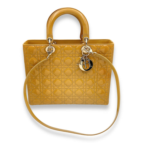 Lady Dior Large Mustard Yellow Top Handle Bag in Patent Leather, Gold hardware