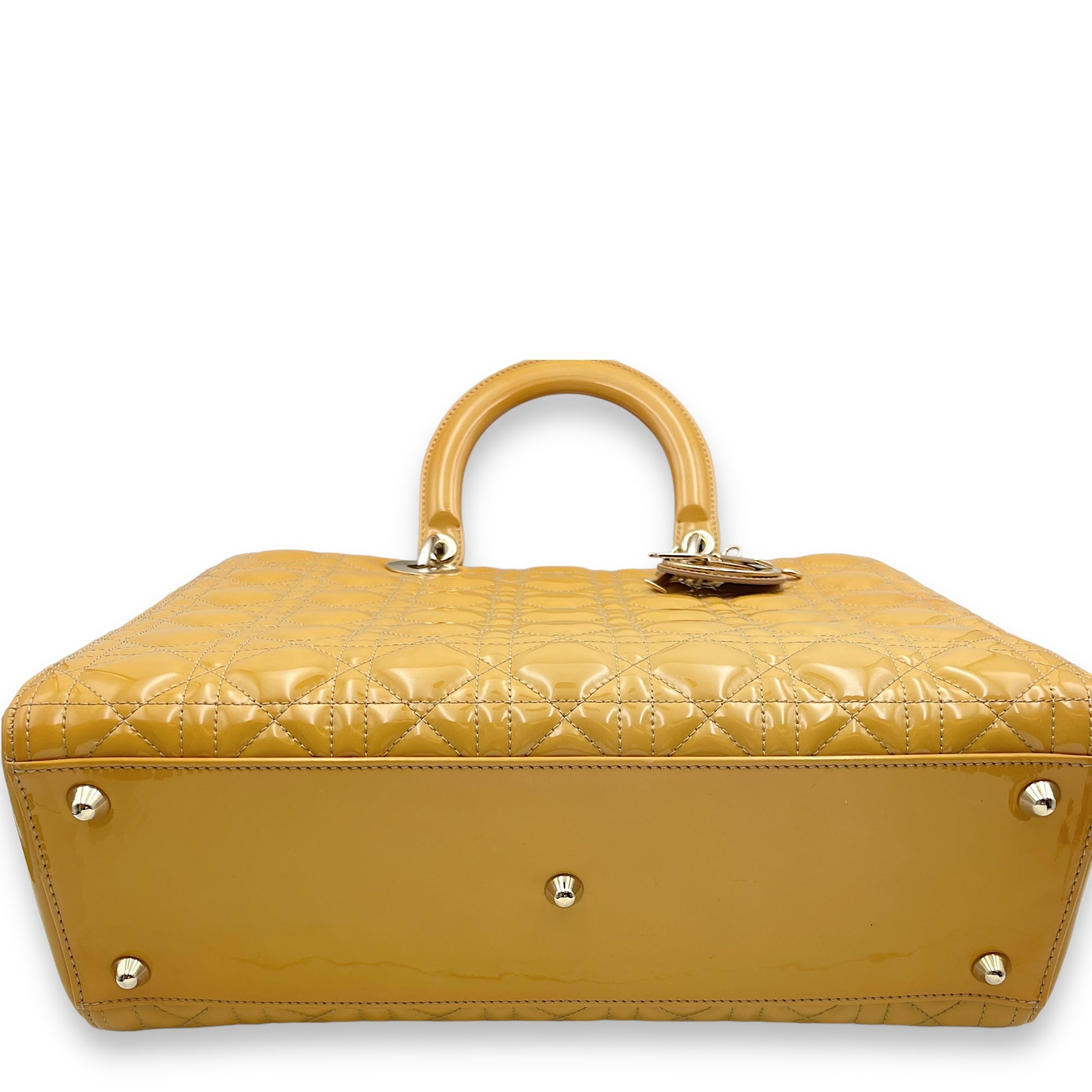 Lady Dior Large Mustard Yellow Top Handle Bag in Patent Leather, Gold hardware