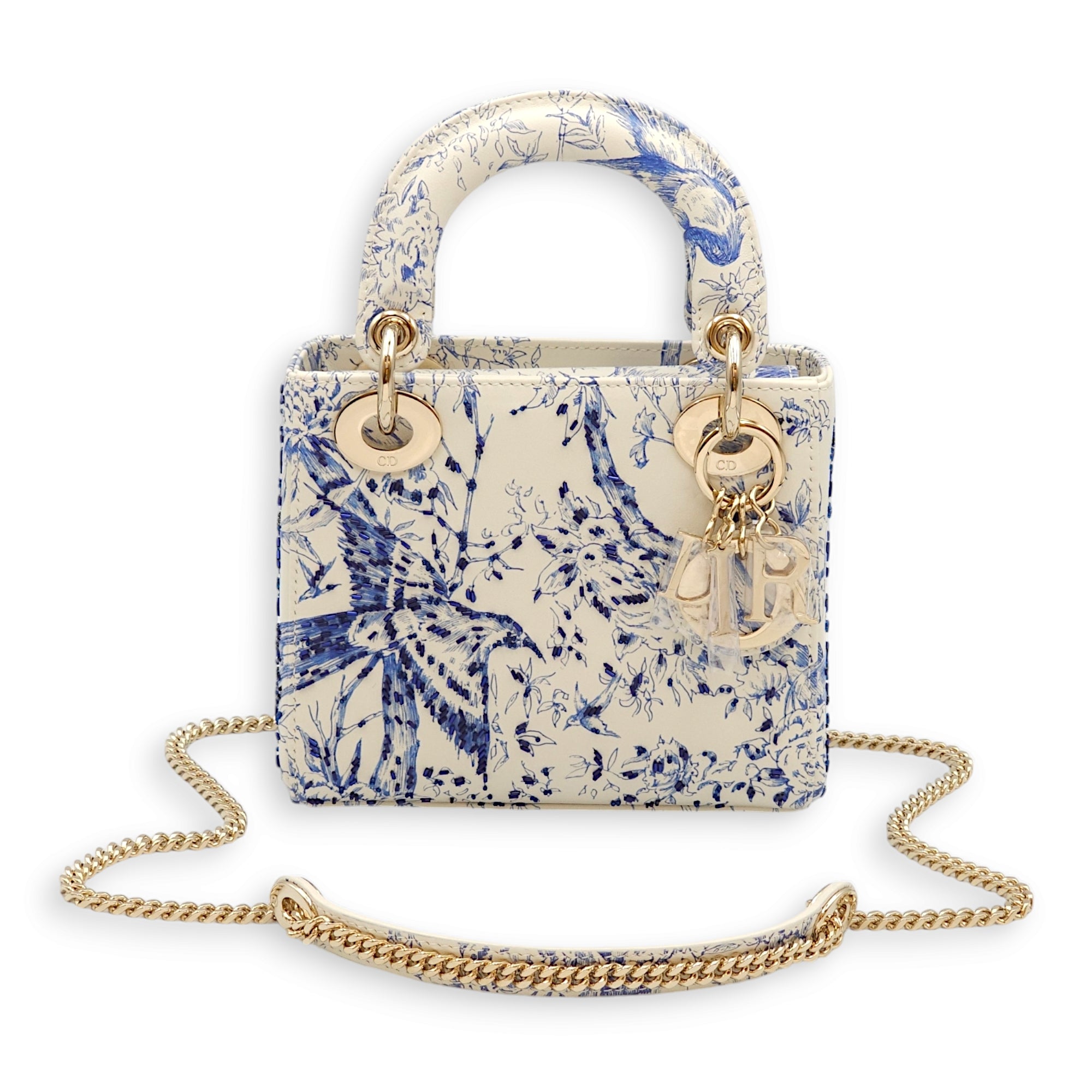 Lady Dior Mini White/Blue Top Handle Bag in Calfskin, Gold hardware