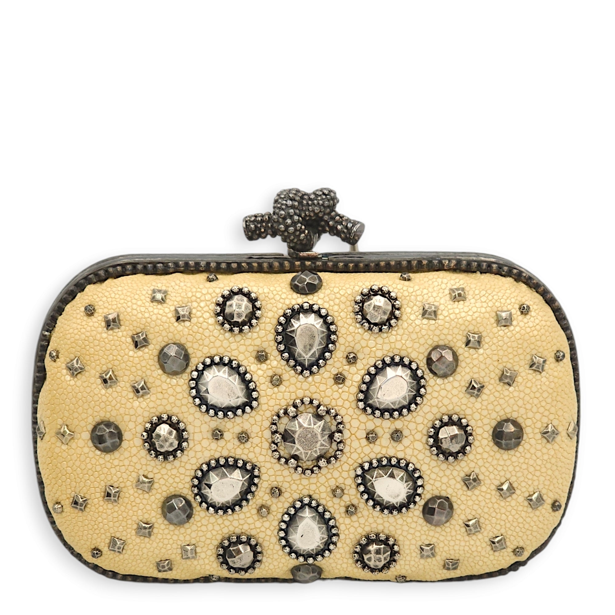 Knot Beige Clutch in Stingray, Gunmetal hardware