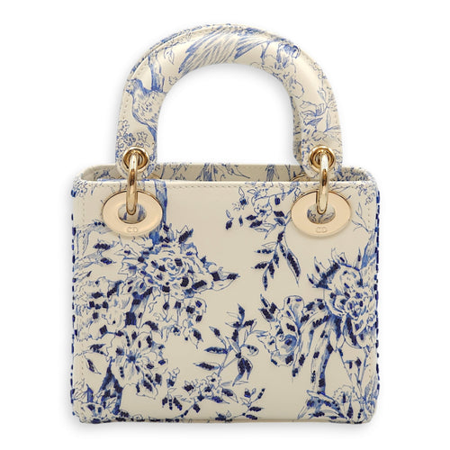 Lady Dior Mini White/Blue Top Handle Bag in Calfskin, Gold hardware