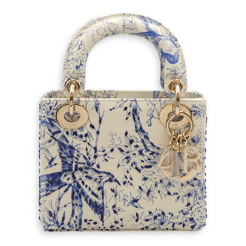 Lady Dior Mini White/Blue Top Handle Bag in Calfskin, Gold hardware