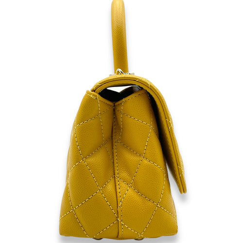 Coco Mini Mustard Yellow Top Handle Bag in Caviar Leather, Gold hardware