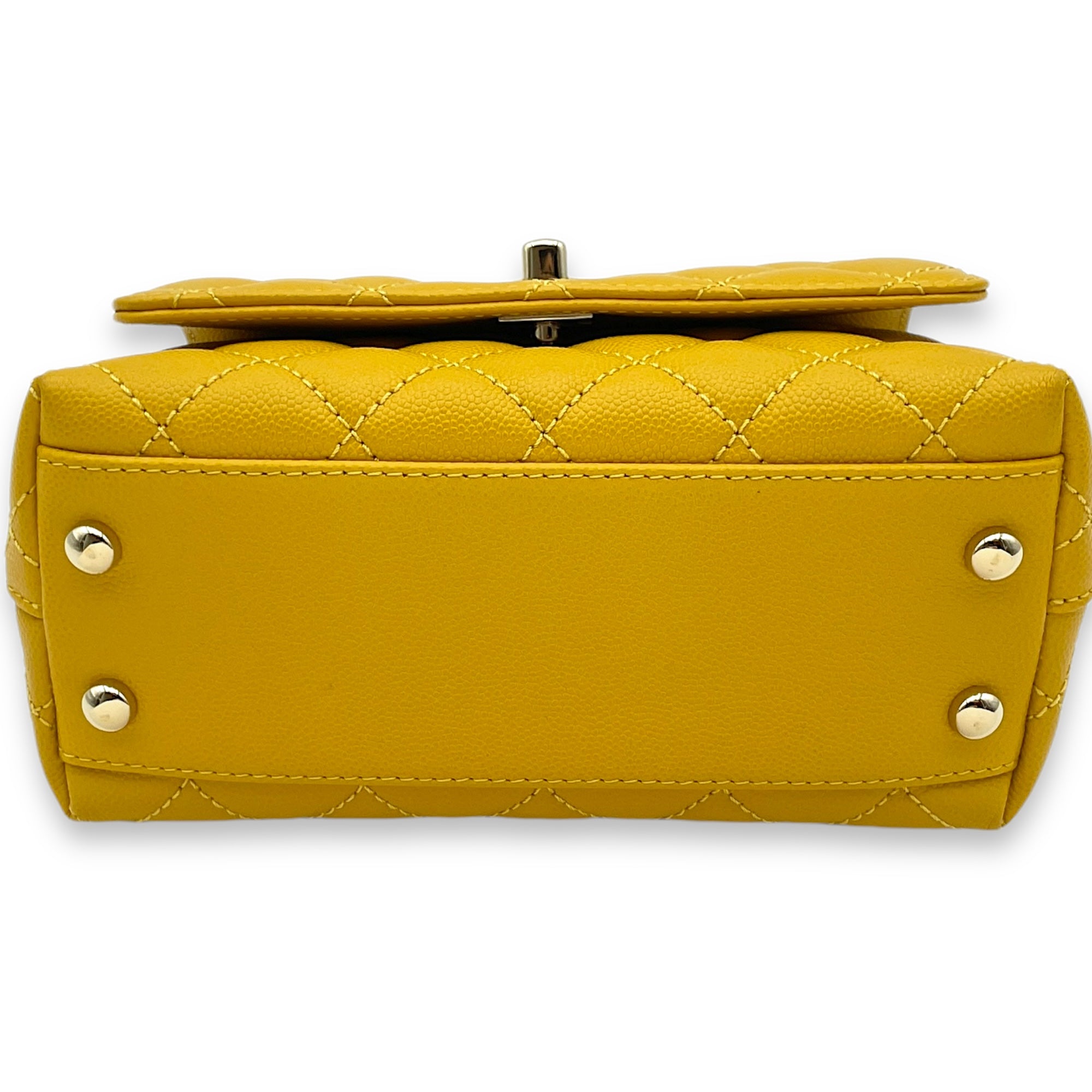 Coco Mini Mustard Yellow Top Handle Bag in Caviar Leather, Gold hardware