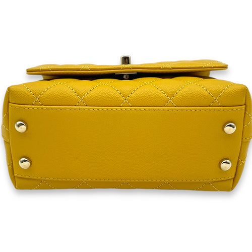 Coco Mini Mustard Yellow Top Handle Bag in Caviar Leather, Gold hardware