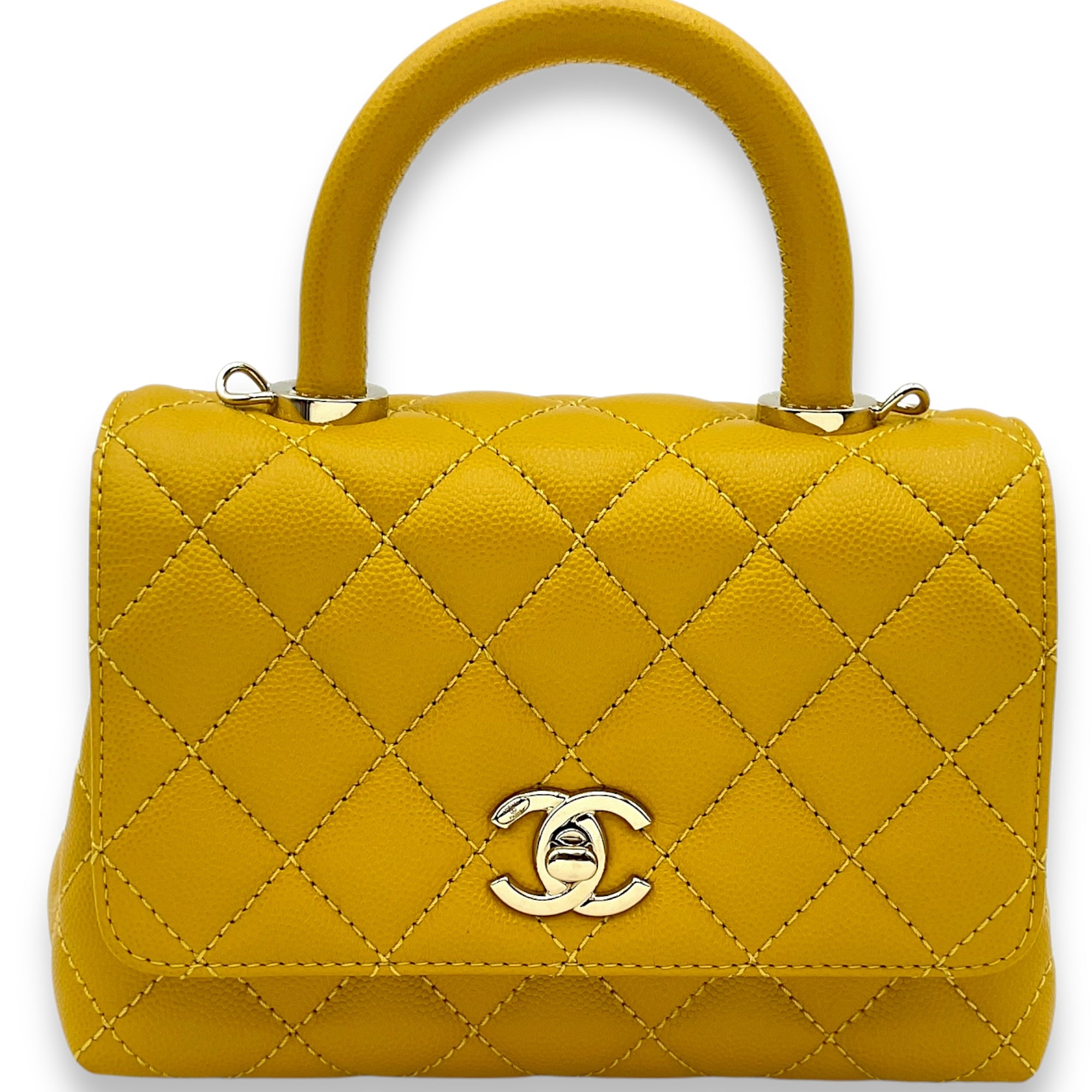 Coco Mini Mustard Yellow Top Handle Bag in Caviar Leather, Gold hardware