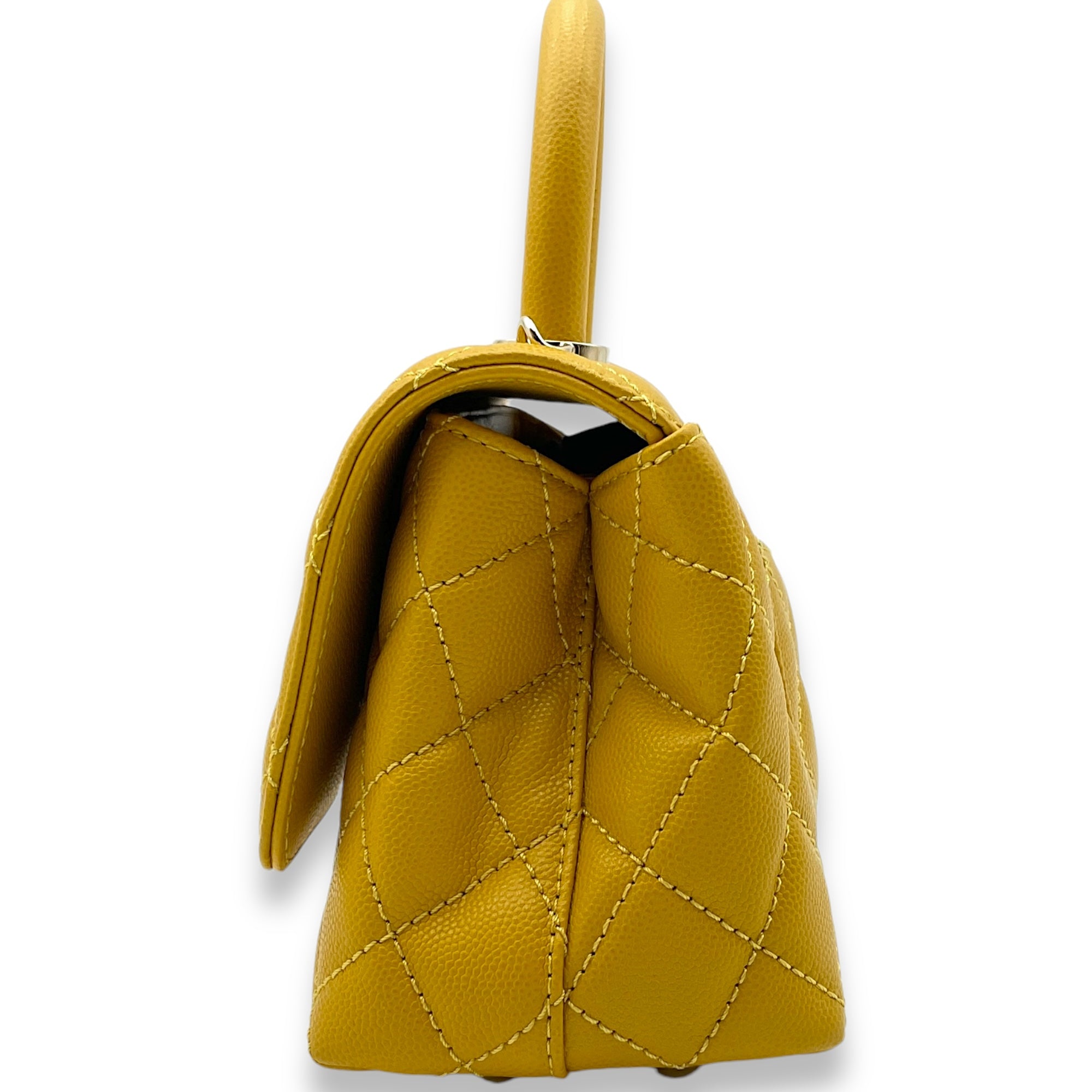 Coco Mini Mustard Yellow Top Handle Bag in Caviar Leather, Gold hardware