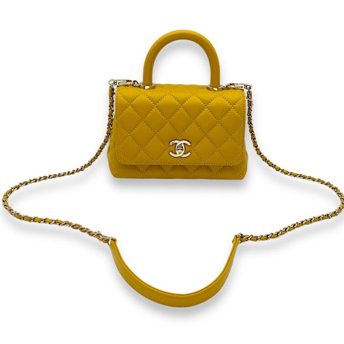 Coco Mini Mustard Yellow Top Handle Bag in Caviar Leather, Gold hardware