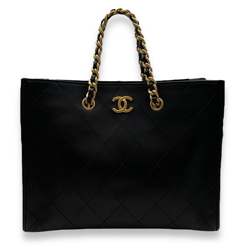 Season Quilted Black Tote Bag in Calfskin, Gold hardware