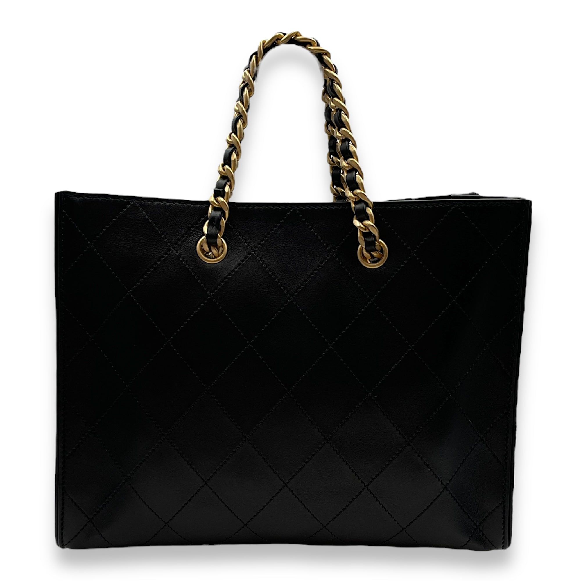 Season Quilted Black Tote Bag in Calfskin, Gold hardware