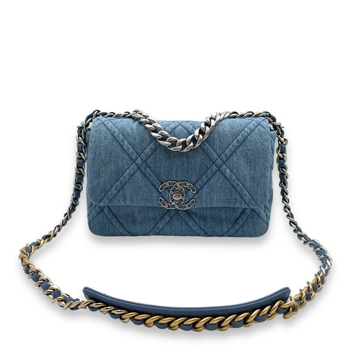 C19 Flap Small Light Blue Crossbody Bag in Denim, 3-Tone hardware