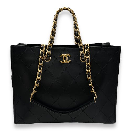 Season Quilted Black Tote Bag in Calfskin, Gold hardware